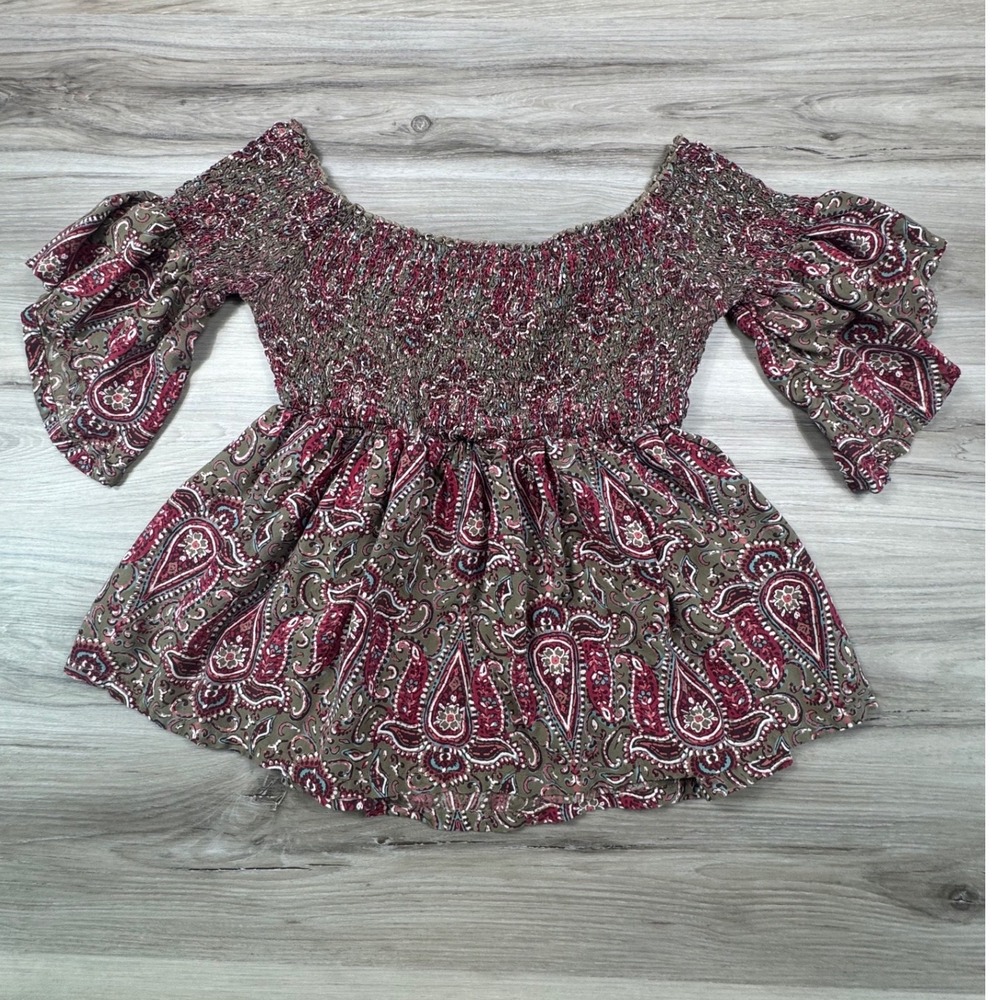 Hollister Womens Smocked Off the Shoulder‎ Paisley Peplum Top Olive Burgundy L